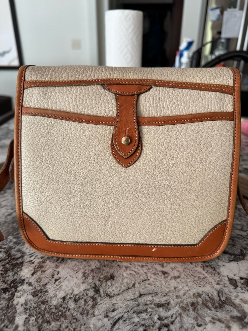 Dooney & Bourke Cream and Tan Pebbled Leather Crossbody - Picture 2 of 9